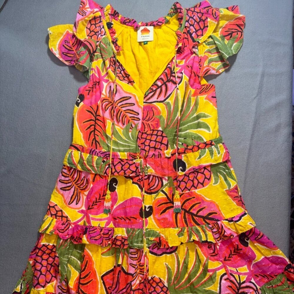 FARM Rio Fruit Dream Ruffle Mini Dress Tiered Tassel Beaded Tropical XS - Picture 3 of 14